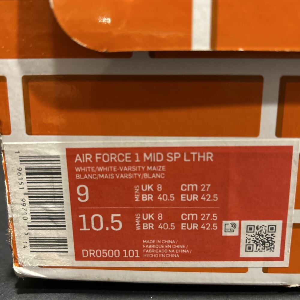 Size 9- Off-White x Nike Air Force 1 SP Leather Mid Varsity Maize W OG BOX - Picture 15 of 15